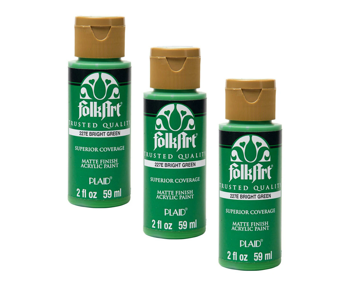 3x Plaid FolkArt Premium 59ml Water-Based Bright Green Acrylic Paint Matt Finish