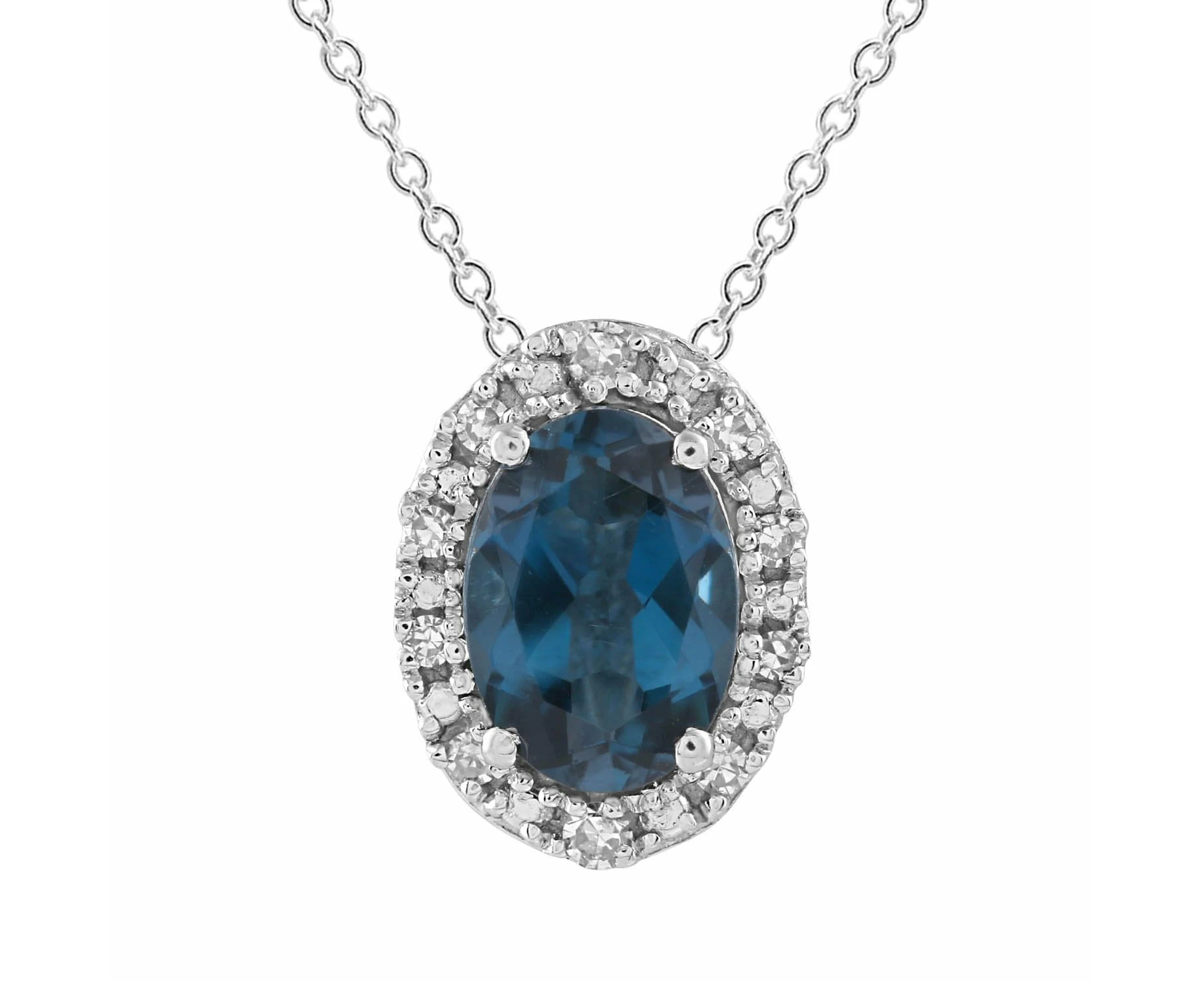 London Blue Topaz Necklace with 0.05ct Diamonds in 9K White Gold