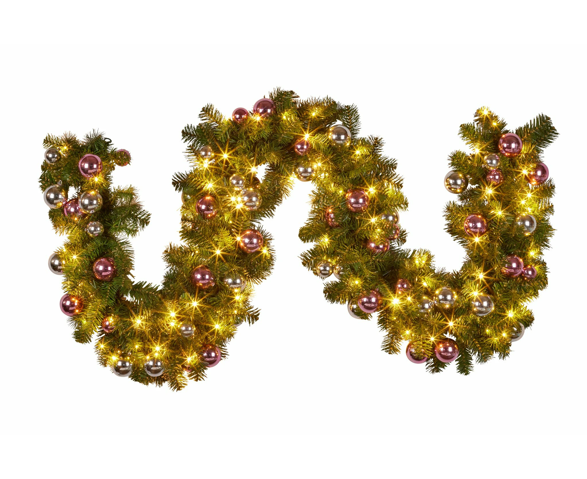 Christmas Garland with Lights 274cm with Pink & Silver Baubles