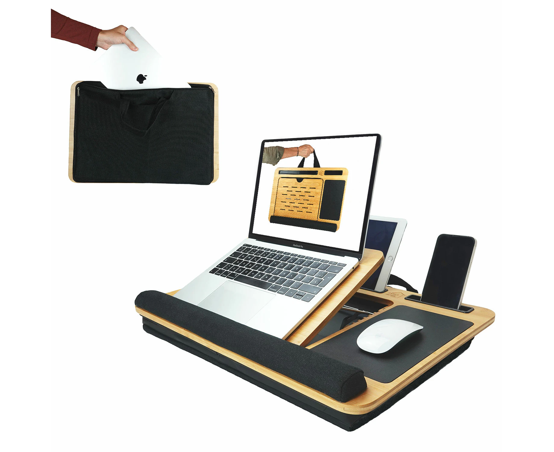 CARLA HOME Bamboo Laptop Lap Desk with Cushion, Angle Adjustable and Sleeve Case Bag for Office and Home