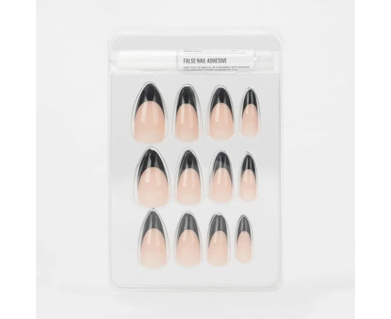 24 Pack False Nails with Adhesive, Stiletto Shape, Black French Tip - OXX Cosmetics