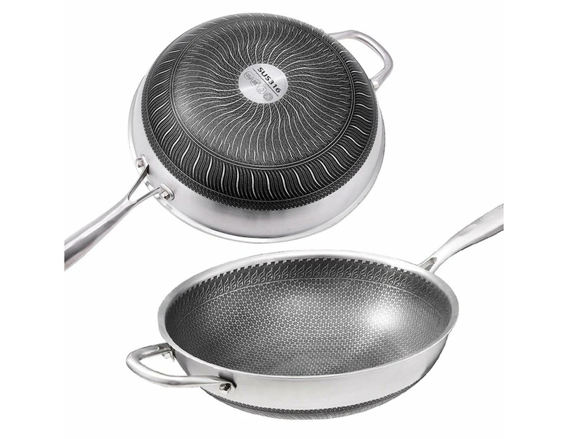 316 Stainless Steel Non-Stick Stir Fry Cooking Kitchen Wok Pan Honeycomb Double Sided