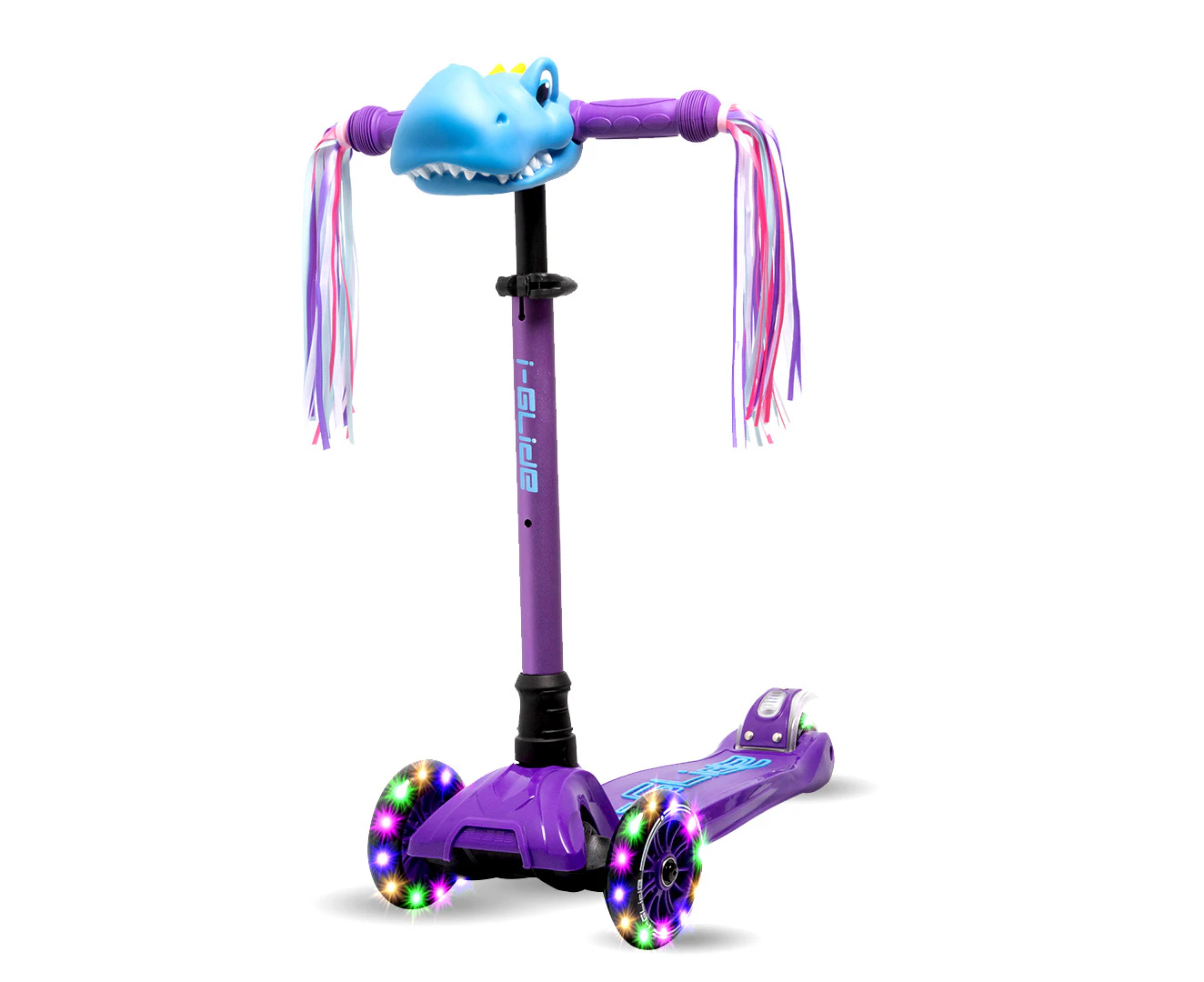 I-GLIDE 3 Wheel Kids Scooter with Dinosaur Head and Ribbons - Purple/Blue