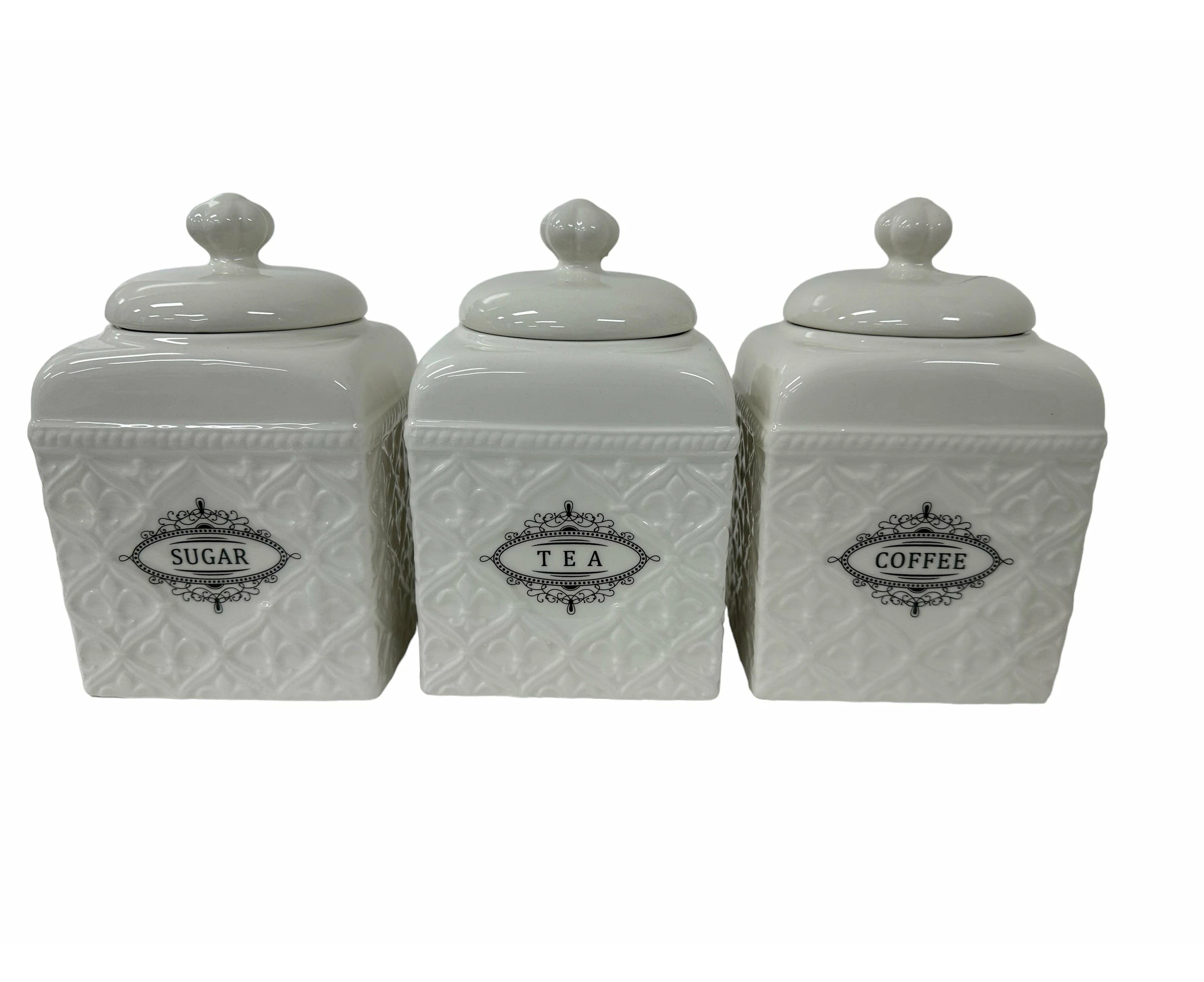 The House of Florence Florentina Embossed Set of Three Canister Set for Sugar, Tea and Coffee