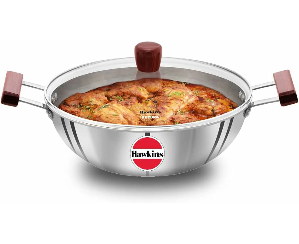 Hawkins 5 Litre Deep Kadhai, Triply Stainless Steel Kadai with Glass Lid, Flat Bottom Induction Deep Kadhai, Big Kadai, Silver (SSK50G)