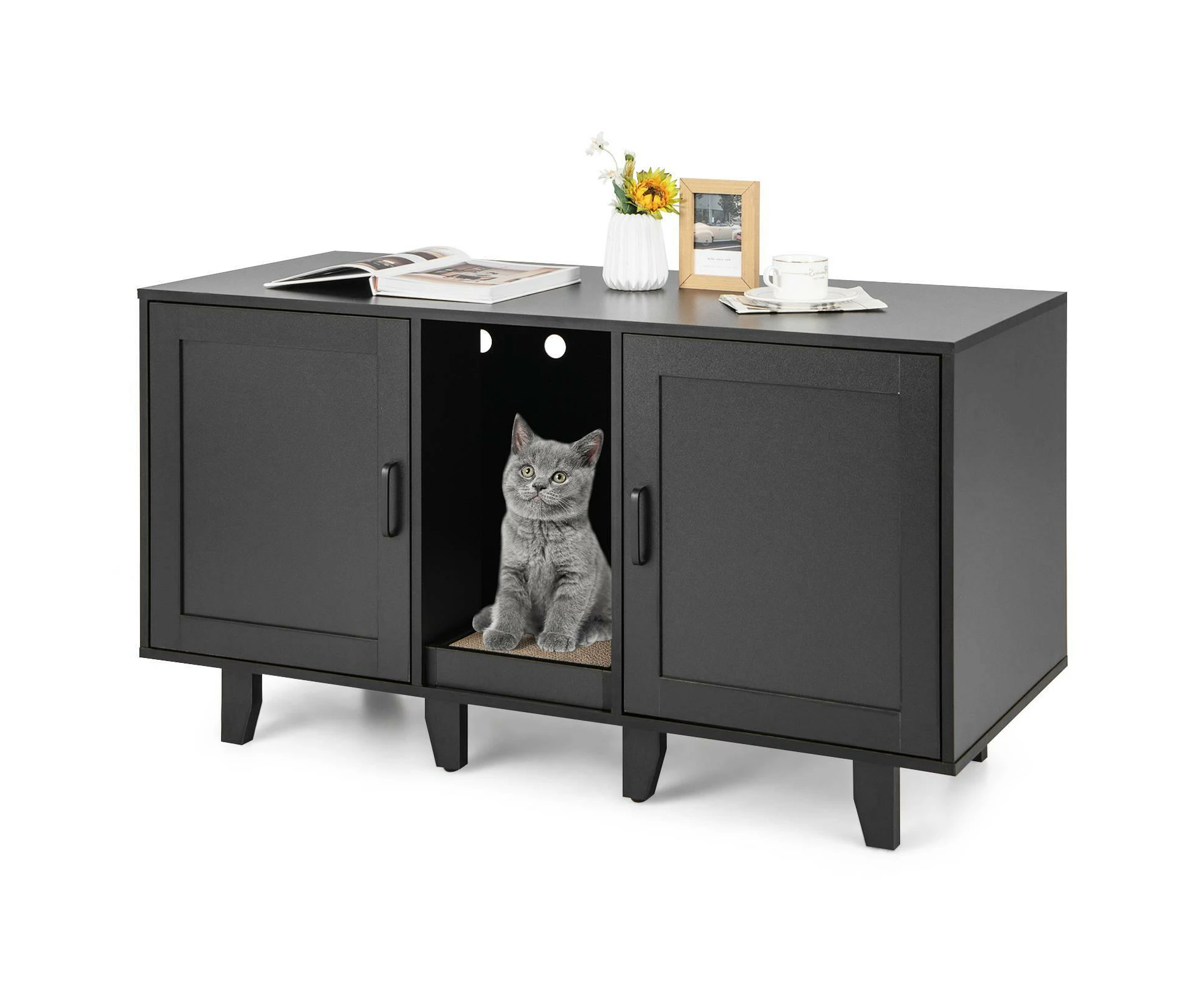 Costway Wooden Cat Litter Storage Cabinet Double Door Cat House w/Scratch Pad Black