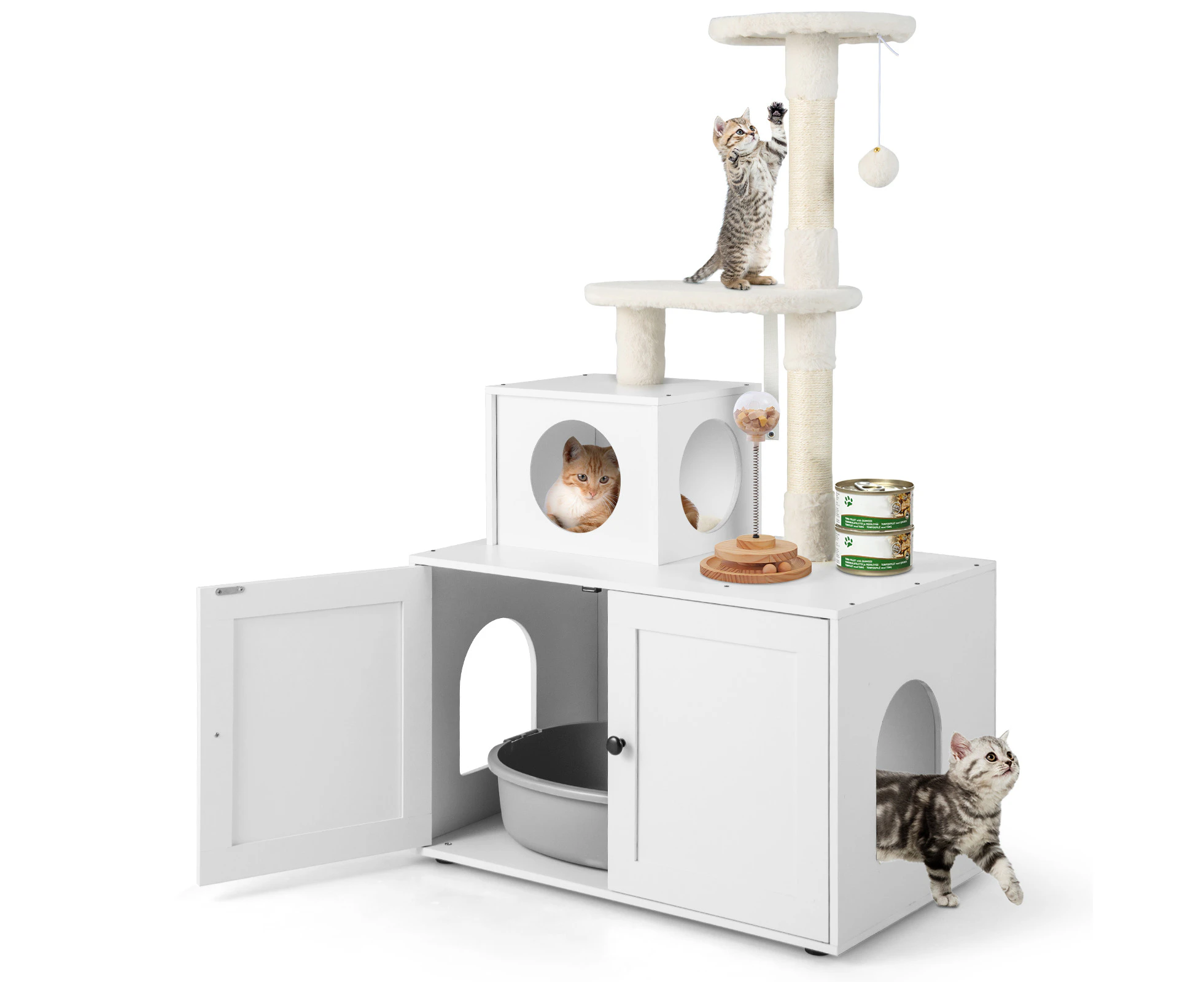 Enclosed Cat Litter Box Kitty Toilet Pet House w/Cat Tree Tower & Scratching Post Cat Cabinet Furniture White