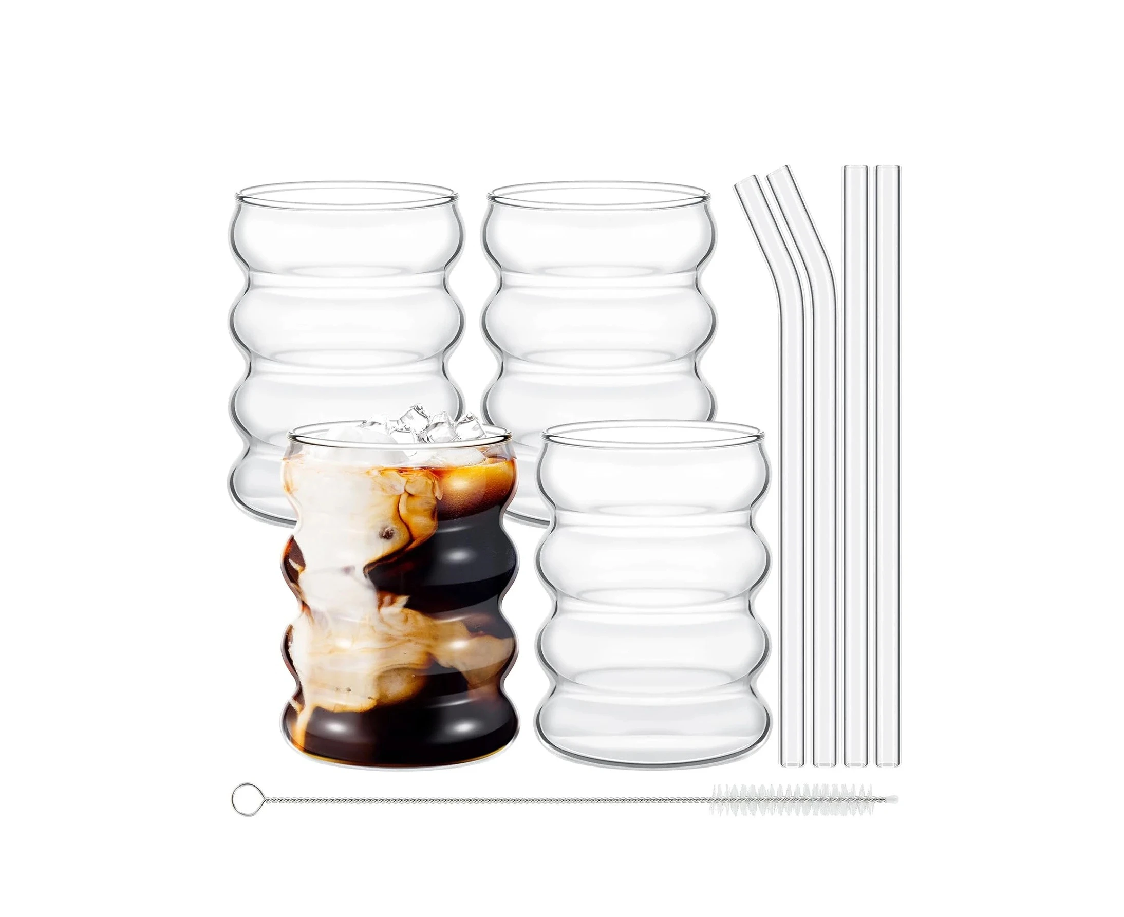 Leeseph 4Pcs Creative Glass Cups Coffee Mug Vintage Drinking Glasses Ribbed Glassware Aesthetic Cups with Straws Set