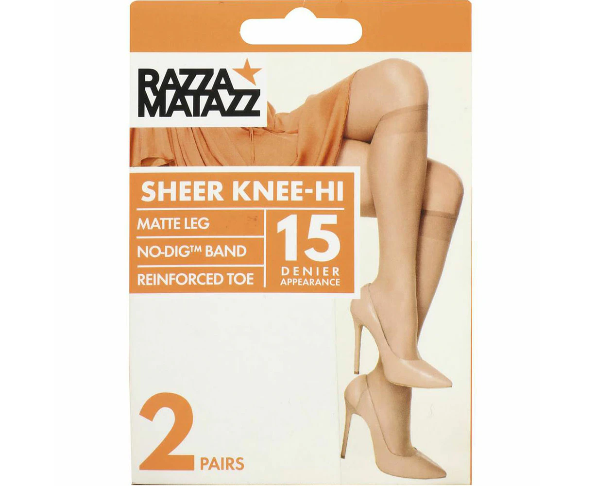 2 Pairs RazzaMatazz Sheer Knee-Hi High 15 Denier Women Pantyhose Socks - Natural