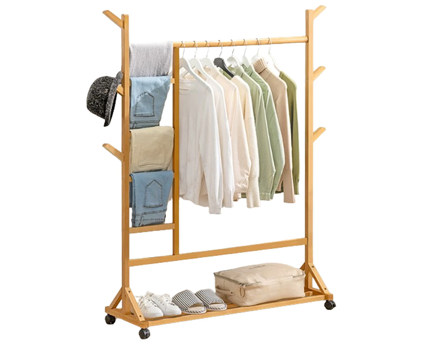 Clothes Rack Durable Bamboo Universal Wheels Strong Load Bearing Garment Rack for Bedroom Hotel Living Room 100cm/39.4in Long