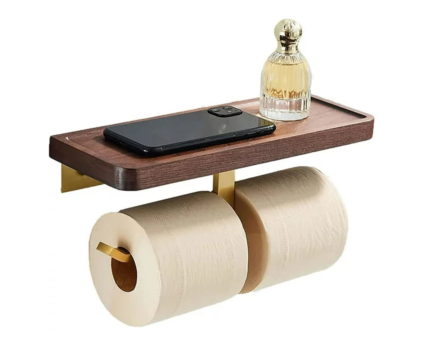 Double Toilet Paper Holder with Rustic Wood Shelf, Wall Mounted, No Drilling or Screws Needed