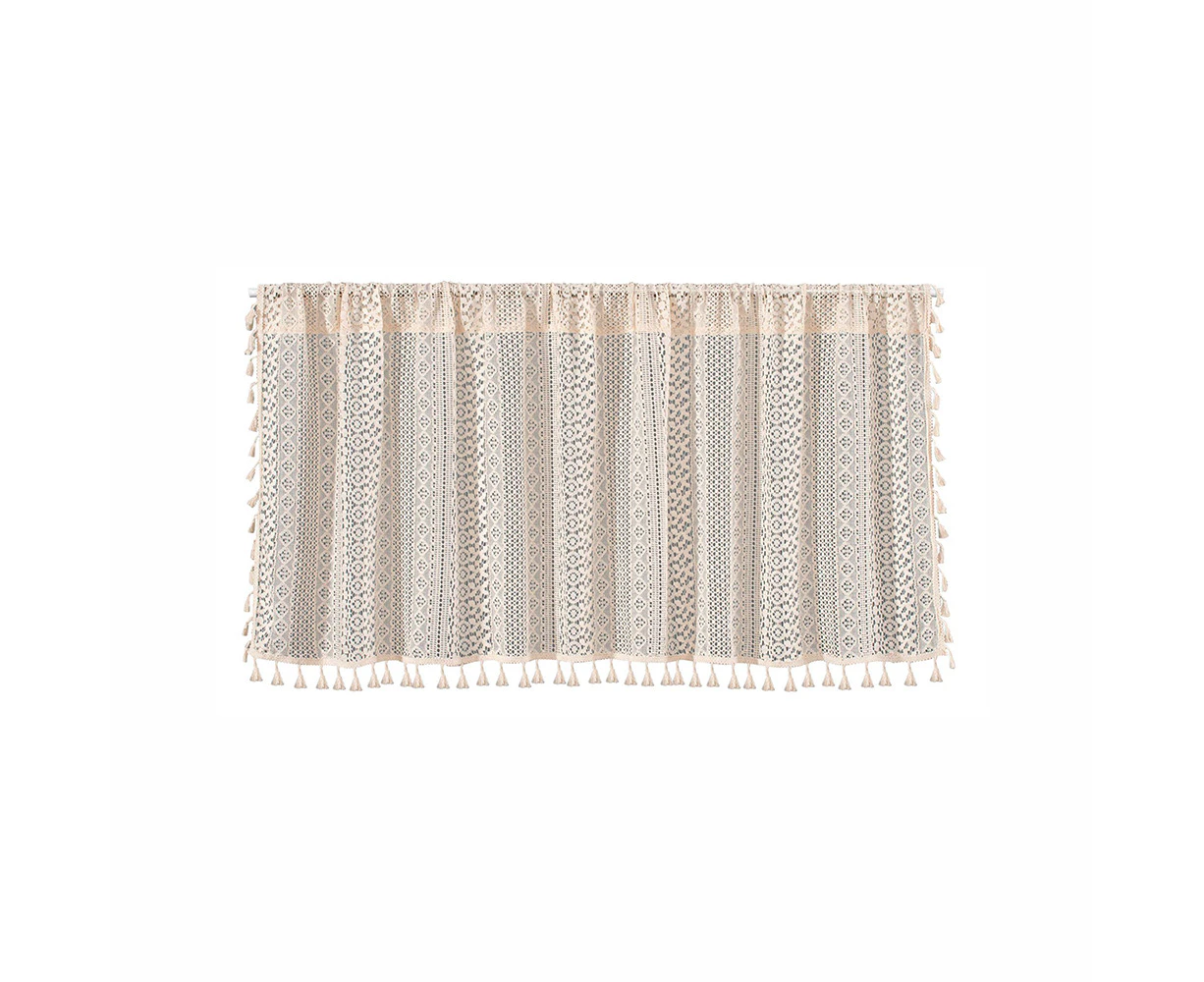 Boho Bistro Curtain, Beige Handmade Crochet Pane Short Curtain with Tassels for Kitchen and Bedroom, 1 Piece, W150×H90cm