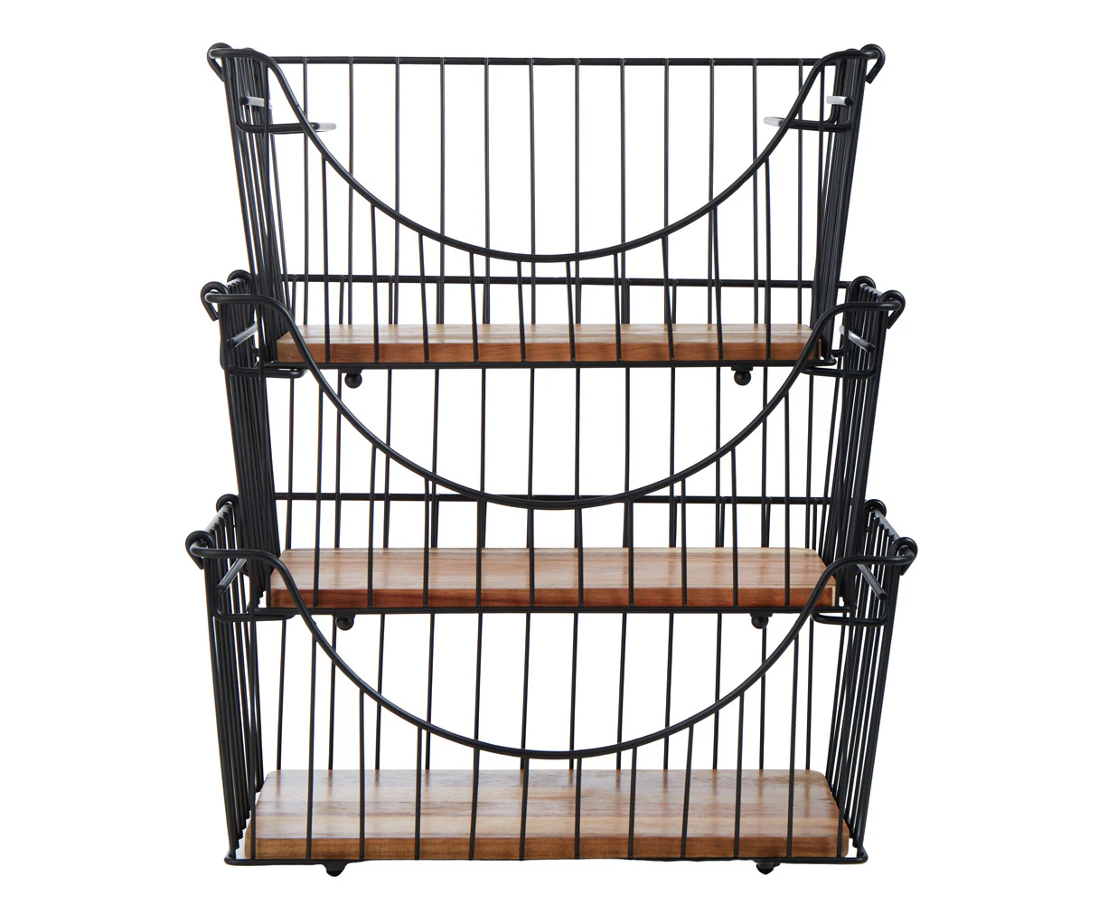 3pc Davis & Waddell Acacia Wood/Metal Storage Baskets Rack Set Black 29/30/31cm