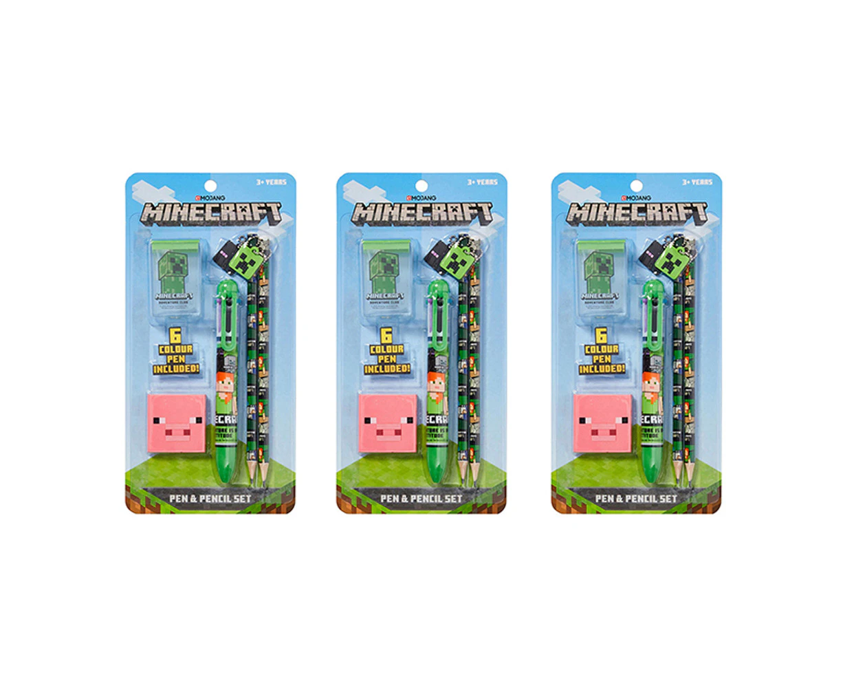 3x 5pc Minecraft 6-Coloured Pen & Pencil/Eraser/Sharpener Kids Stationery Set 3+