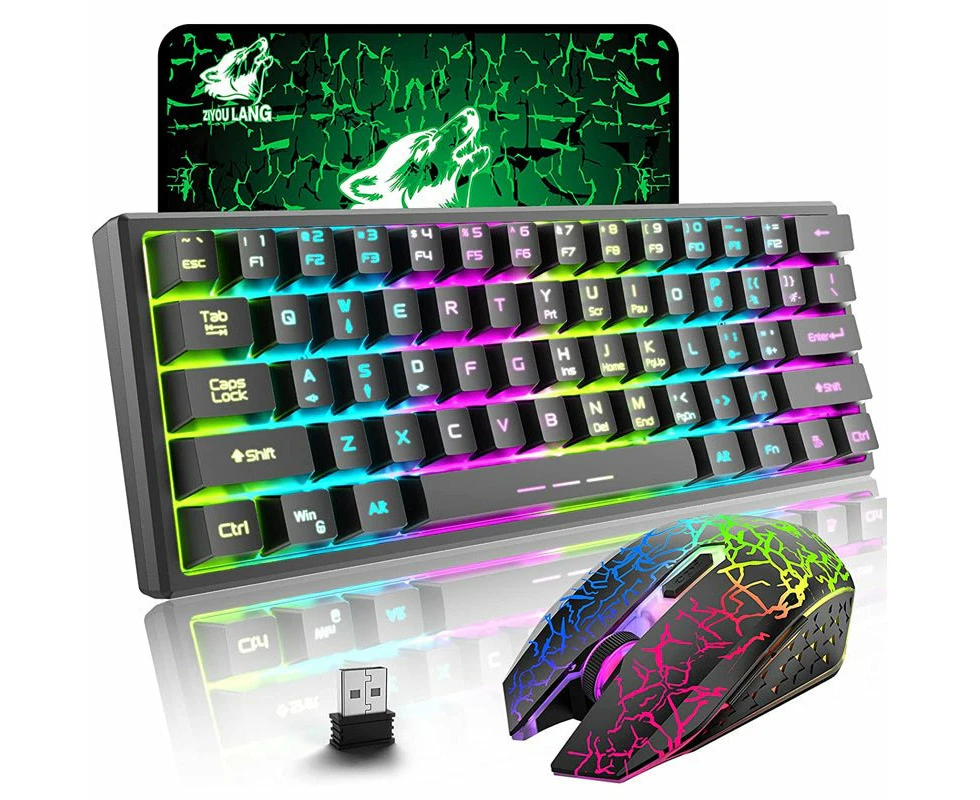 Rainbow Backlit Wireless Gaming Keyboard Mouse and Mat Combo Set - black