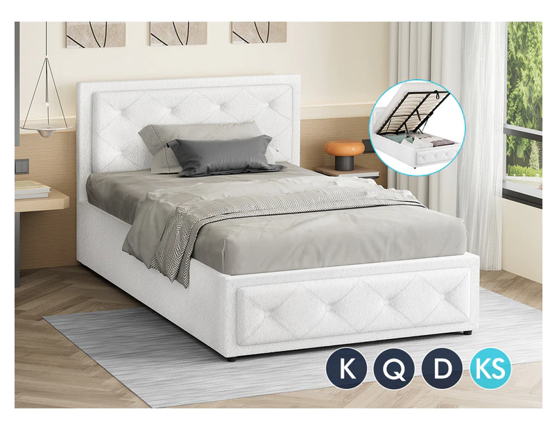 ALFORDSON Bed Frame King Single Gas Lift Storage Base Boucle Fabric White