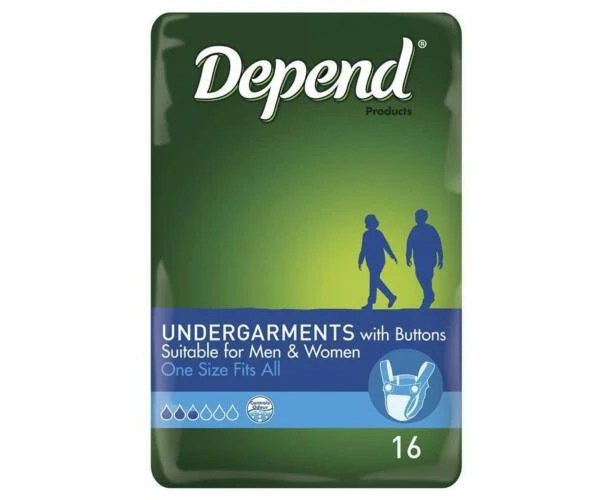 Depend Undergarments with Buttons, Unisex, One Size Fits All, 16 Pack