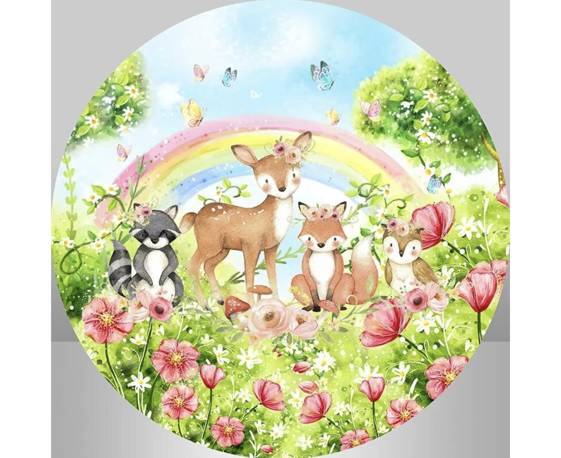 FAIRY FOREST ANIMALS FLOWERS RACOON DEAR RAINBOW PARTY ROUND BIRTHDAY BANNER