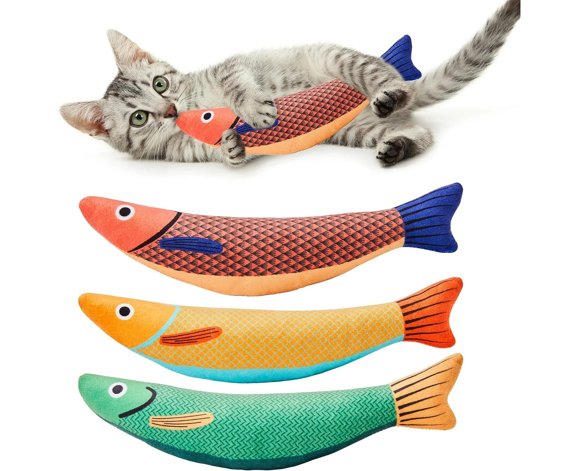 Cat Toys Saury Fish 3 Pack with Catnip and Crinkle Sound, Soft and Durable, Interactive Indoor Cat Kicker Toys, Promotes Kitten Exercise