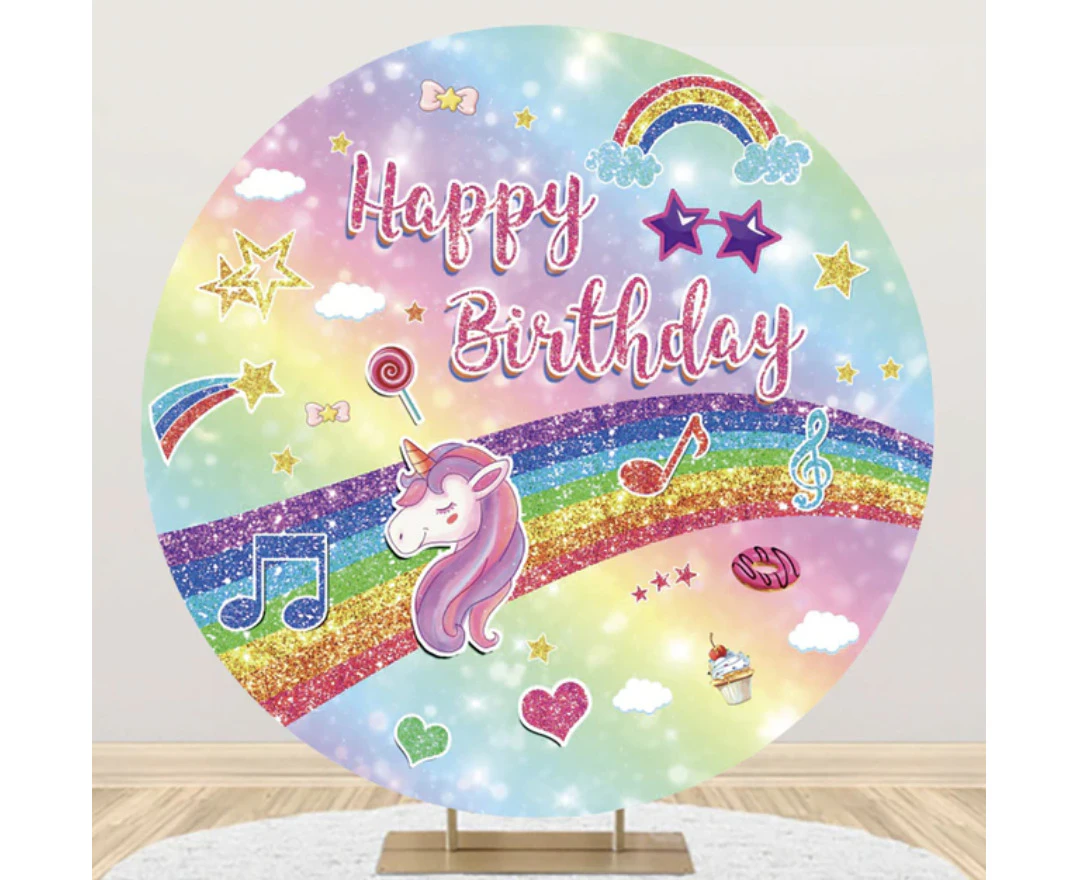 UNICORN GLITTER RAINBOW MUSIC STARS HEARTS CUPCAKES PARTY ROUND BIRTHDAY BANNER