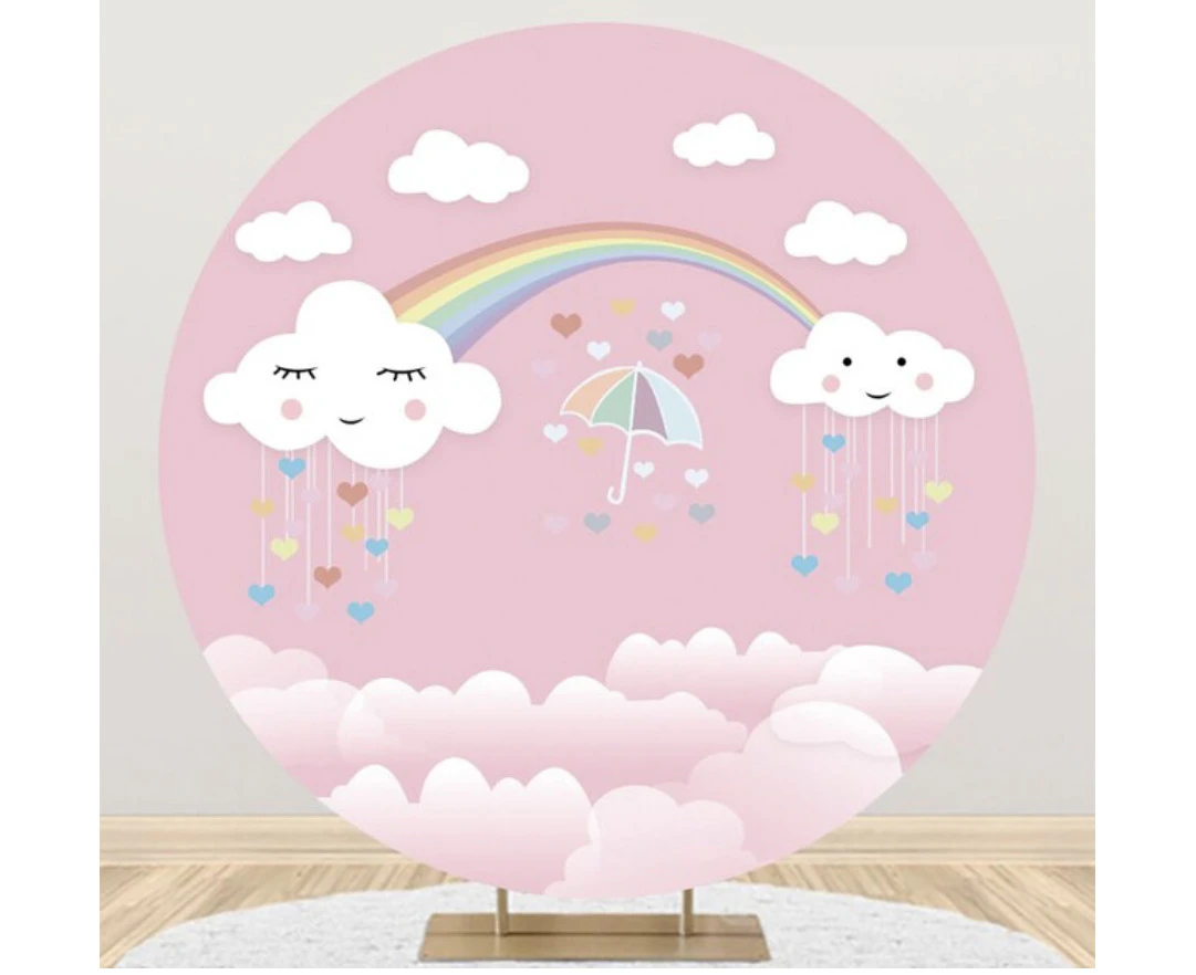 RAINBOW CLOUDS HEARTS PINK UMBRELLA PARTY ROUND BIRTHDAY PERSONALISED BANNER