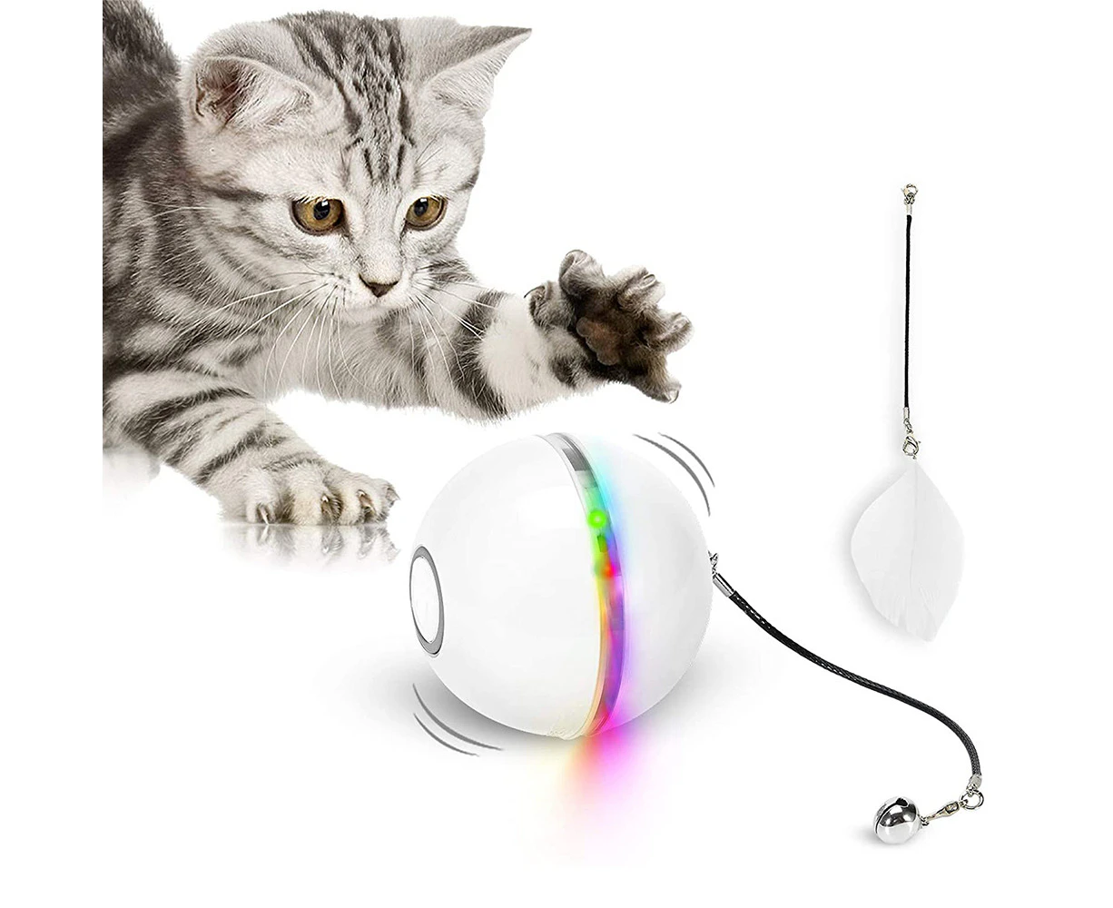 Interactive Cat Toys for Indoor Cats, Automatic Rolling Kitty Toys, Build-in Spinning Color Led Light, USB Charging Timing Motion Ball - White