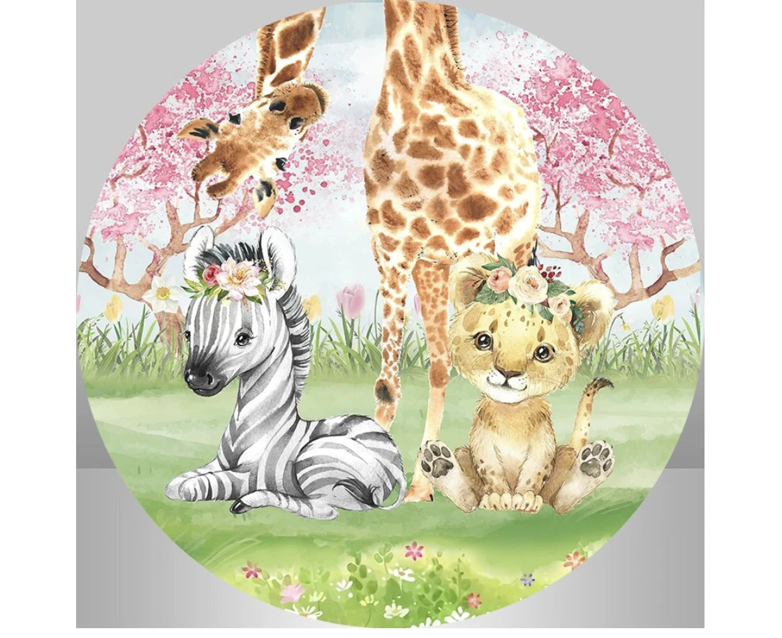 ANIMALS FLOWERS FOREST JUNGLE GIRAFE ZEBRA PARTY ROUND BIRTHDAY BANNER BACKDROP