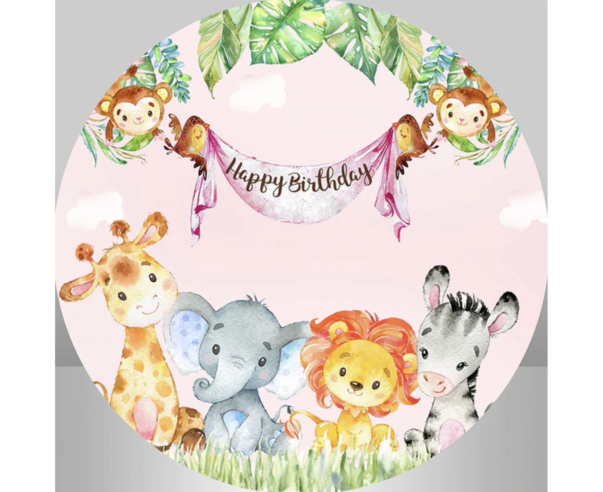 ANIMALS PINK MONKEY LION ZEBRA GIRAFFE PARTY ROUND BIRTHDAY BANNER BACKDROP