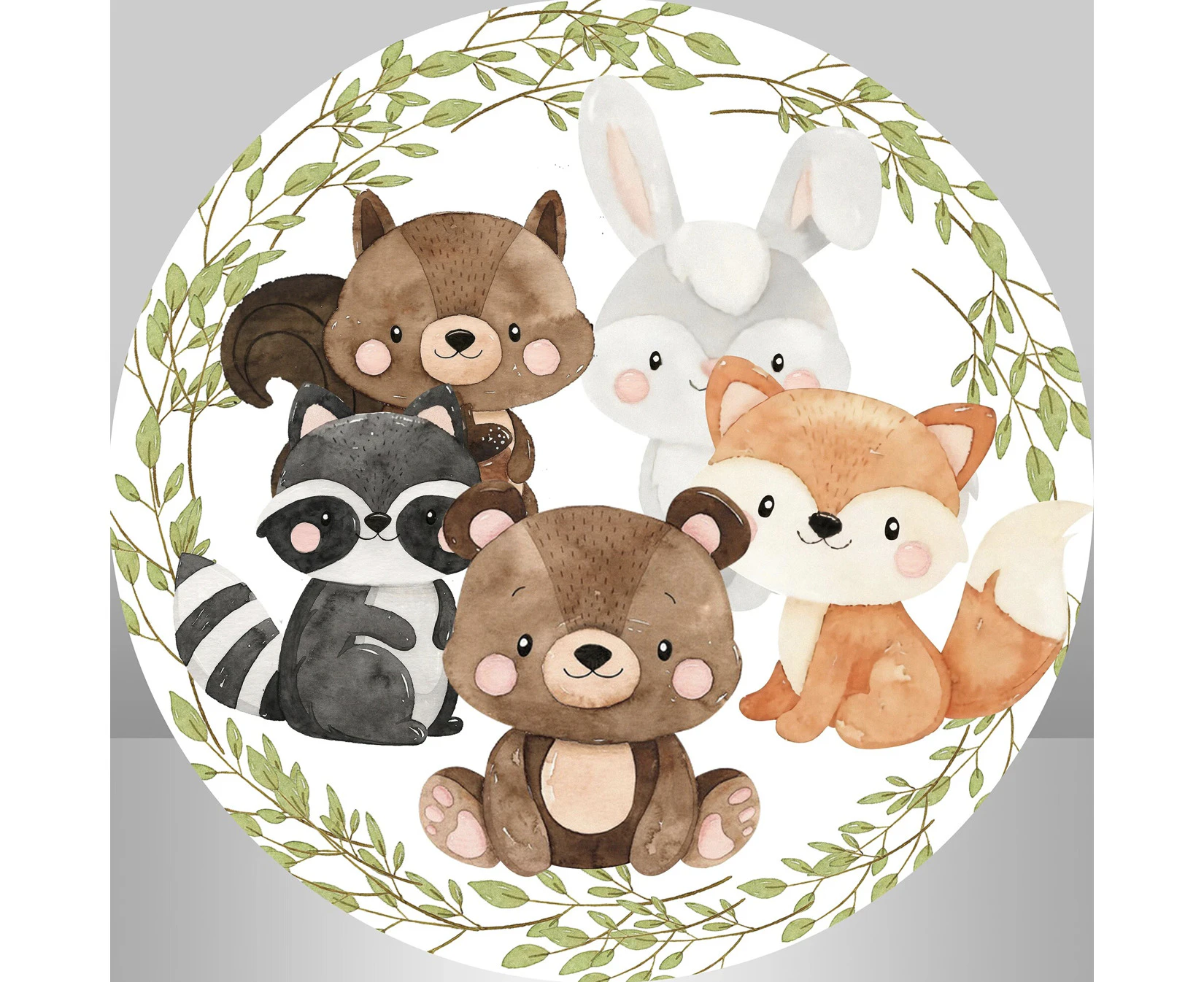 ANIMALS WREATH FOX BEAR RABBIT RACOON PARTY ROUND BIRTHDAY BANNER BACKDROP