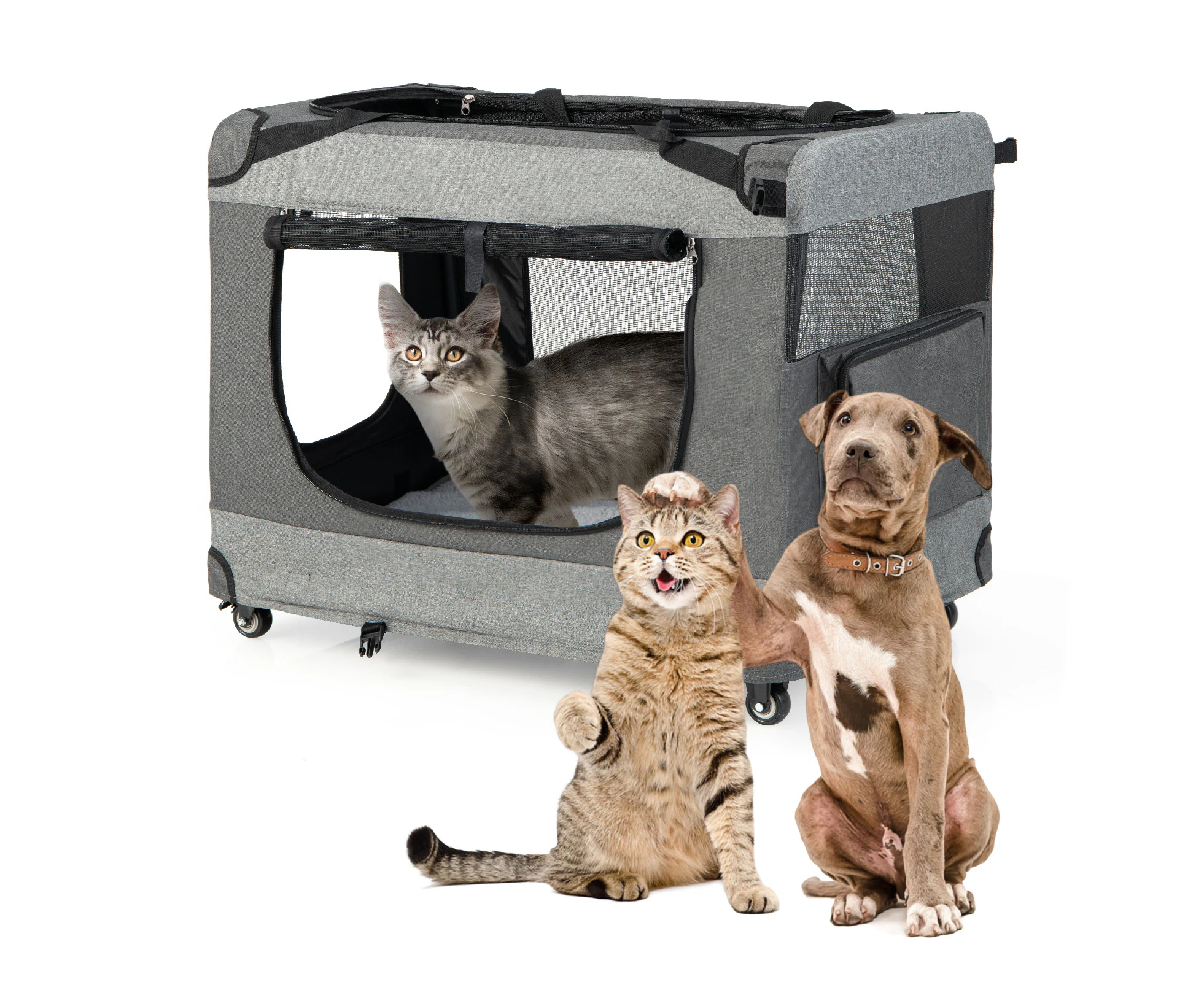 Mobile Cat Cage 83 x 59cm Foldable Cat Crate w/Wheels & Shoulder Strap Portable Pet Travel Bag