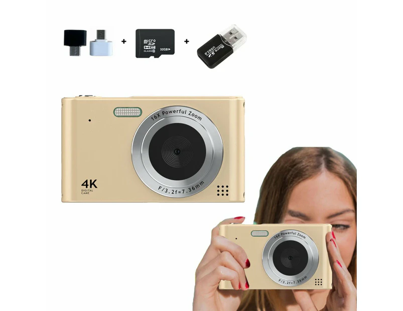 48MP HD Retro Digital Camera with 32G Memory Card 1080P Kids Student Beginner Camera Gold