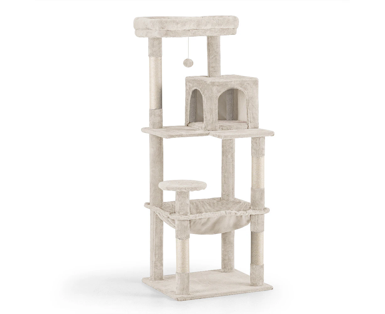 Petzly Cat Tree Tower Scratching Post Scratcher Condo House Bed 142cm Beige