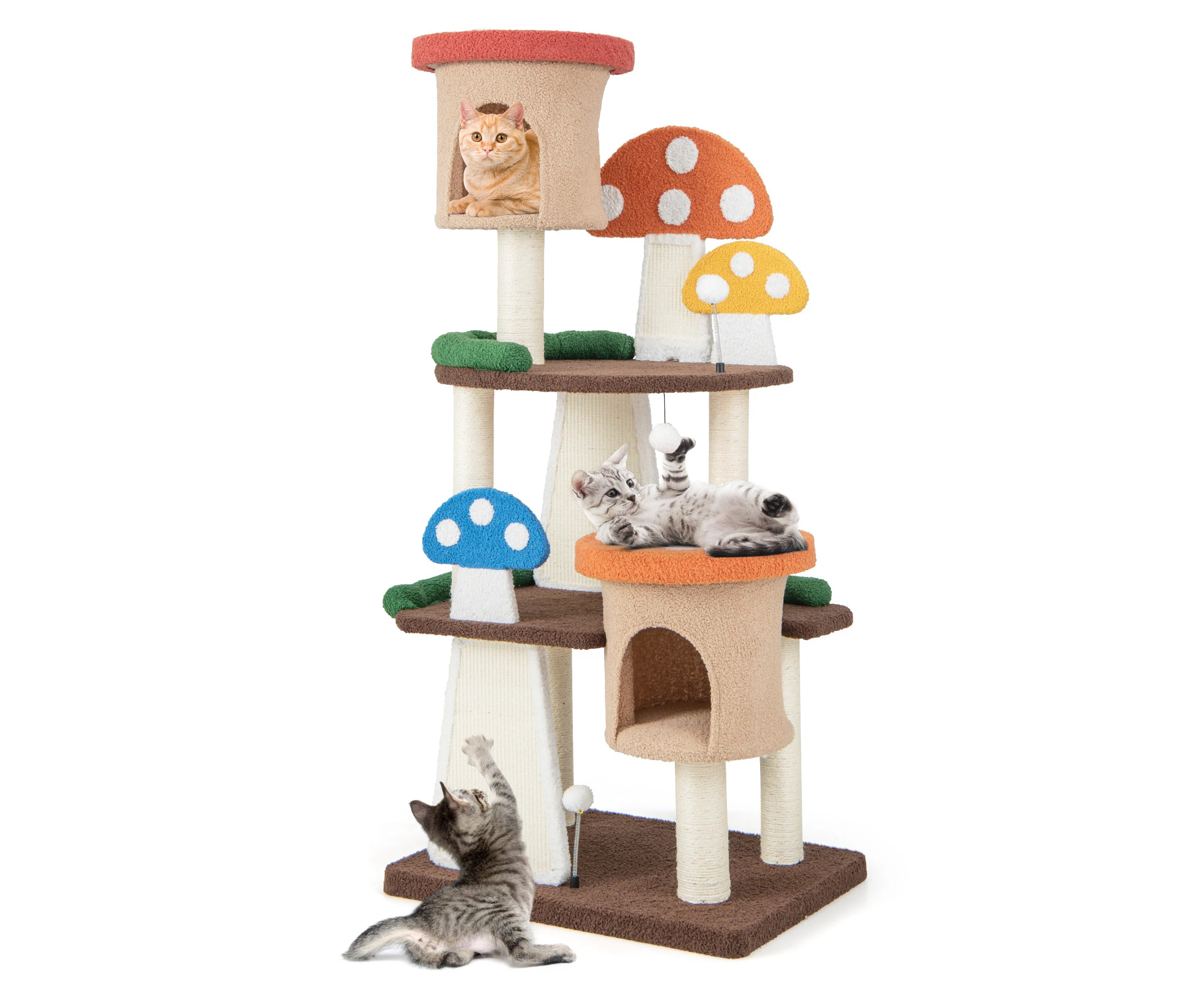 3-Layer Cat Tree Tower Kitten Mushroom Activity Center w/Scratching Board & Spring Ball Cat Climbing Stand