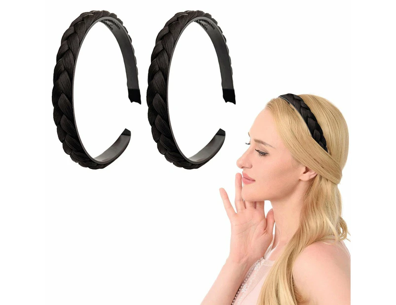 Set of 2 Pcs Headband Braided Hair Plaited Headband with Teeth for Women Girl Black