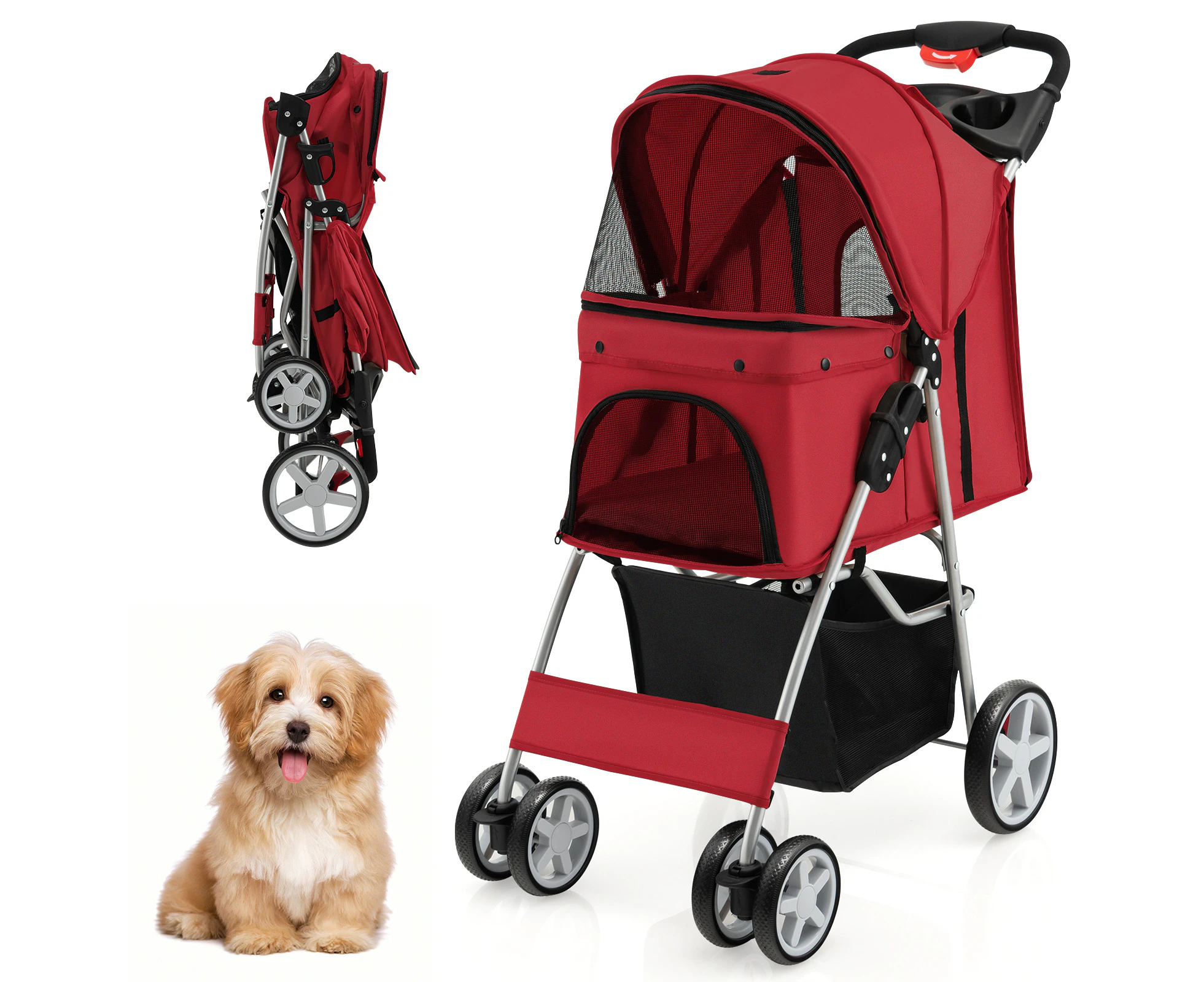 Pet Stroller Pram Portable Travel Carrier 4 Wheels Dog Cat Carriage w/Storage Basket & Mesh Window Red