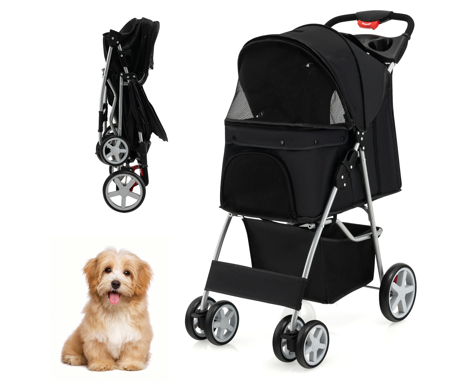 Pet Stroller Pram Portable Travel Carrier 4 Wheels Dog Cat Carriage w/Storage Basket & Mesh Window Black