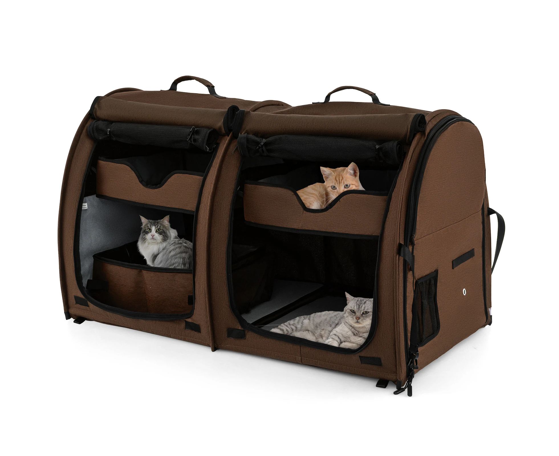 Pet Carrier Portable Cat Dog Crate Cat Kennel w/Double Compartment & Litter Box Brown