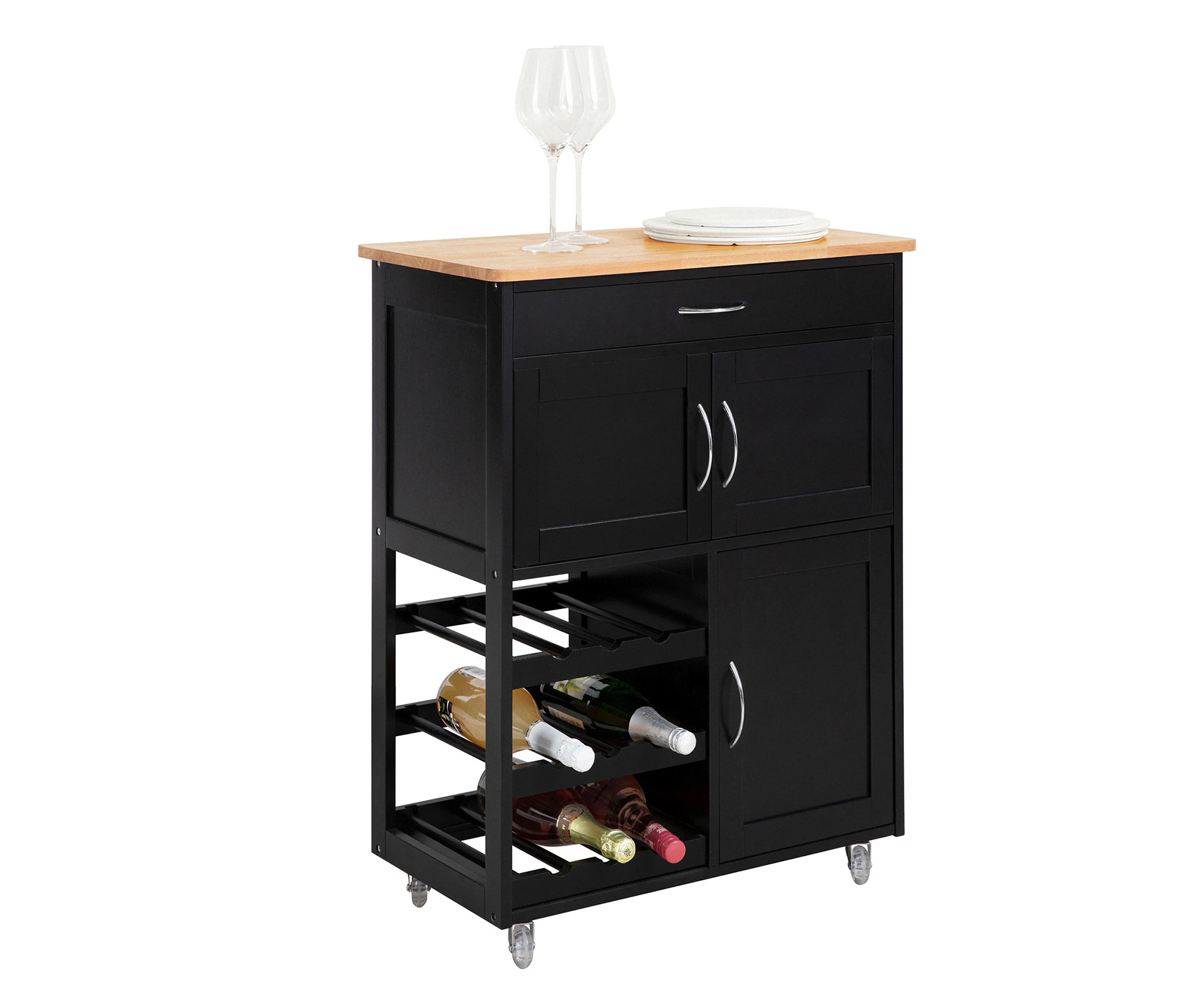 Serving Trolley with Bottle Racks and Drawer Kitchen Trolley Kitchen Cabinet Trolley Wine Cabinet Black FKW45-SCH