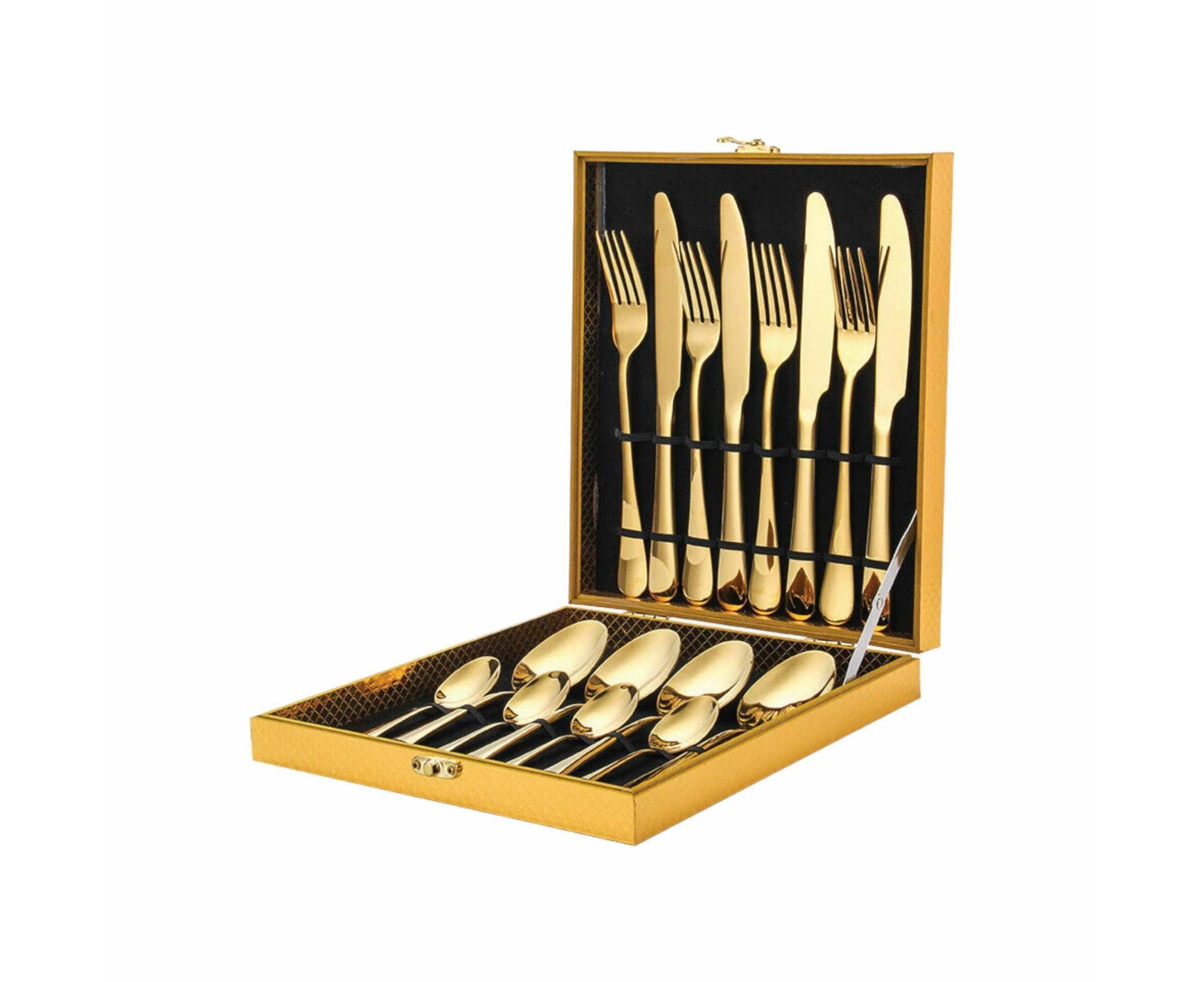 16 Piece Gold Cutlery Set - Stainless Steel Flatware Knife Fork Spoon Gift Box