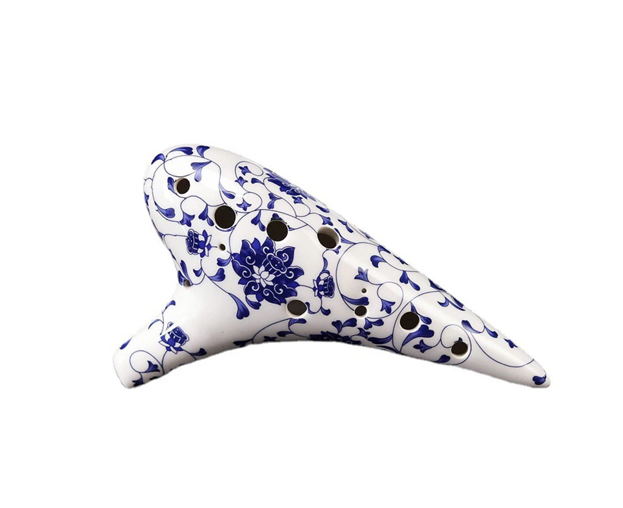 12 Hole Alto C Ocarina , Hand Painted Blue and White Porcelain Musical Instrument, with Neck Strap, Gift Idea