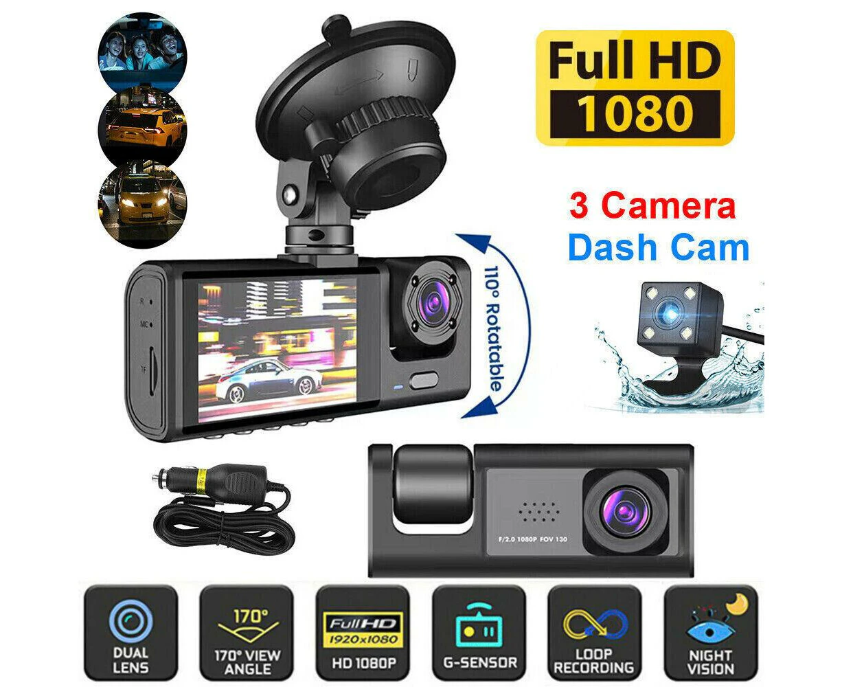 Car Security 3 Channel Dash Cam Front and Rear Inside with 2" IPS Screen