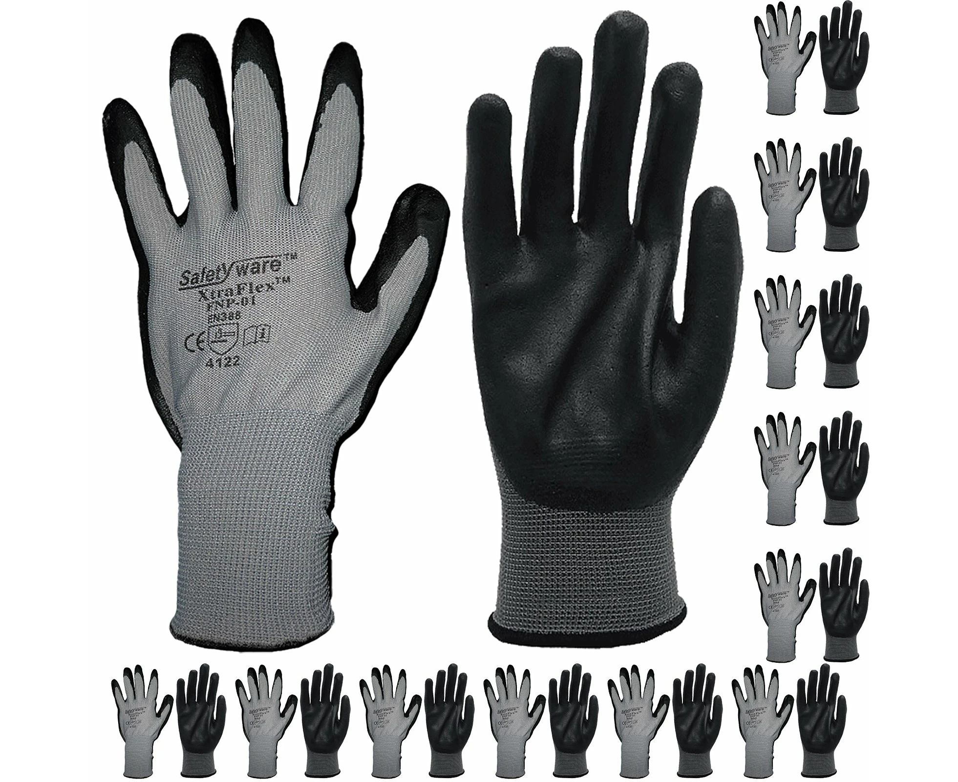 12 Pair Safetyware XtraFlex Nitrile Grip Safety Work Gloves Palm Coated Bulk for Gardening Mechanic Construction General Purpose