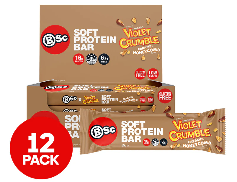 12 x BSc Violet Crumble Soft Protein Bar Caramel Honeycomb 55g