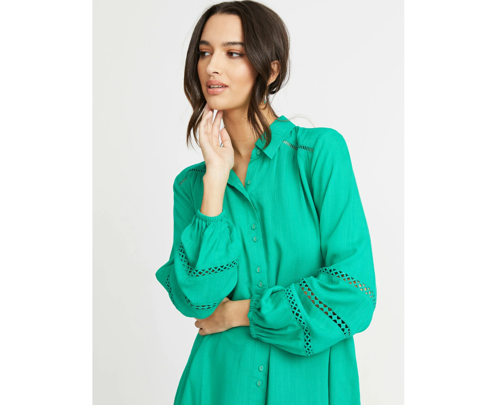 Rockmans - Womens - Tops - Summer - Blouse / Shirt - Green - Long Sleeve - Length Long - Lace Detail - Casual Fashion - Office Wear - Work Clothes