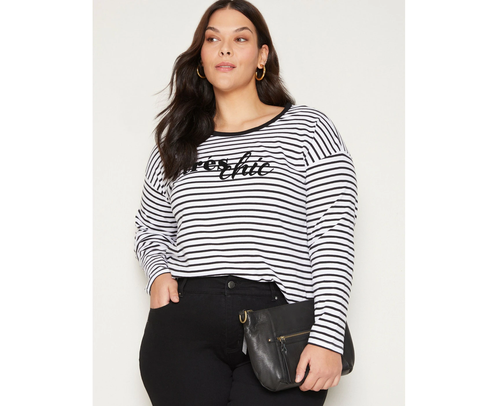 Autograph - Womens Plus Size - Tops - Winter - Tshirt / Tee - White Cotton - Long Sleeve - Boat Neck - Relaxed Fit - Length Regular - Striped Clothes