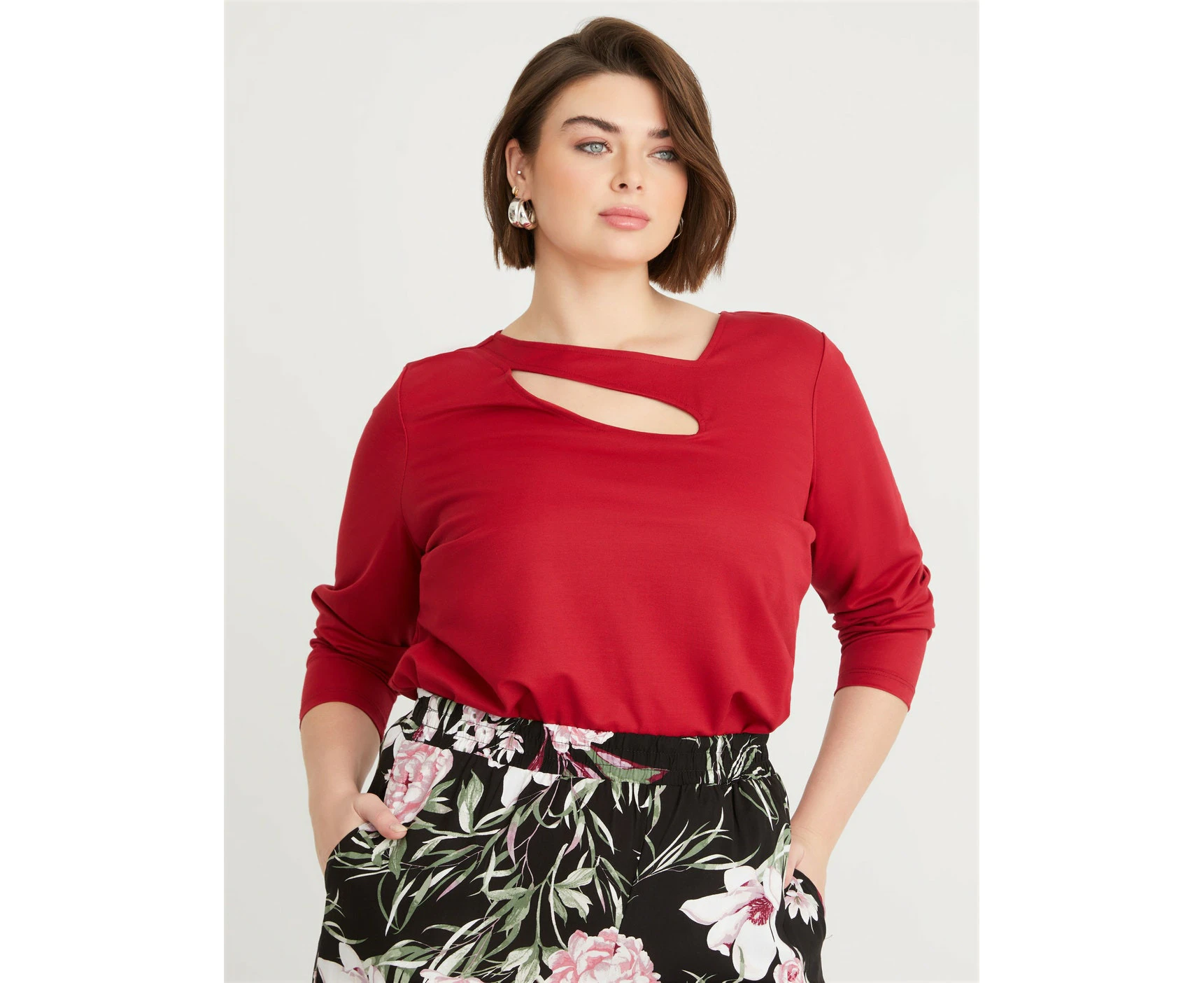 BeMe - Womens Plus Size - Tops - Winter - Basic - Red - Long Sleeve - Asymmetrical - Fitted - Length Regular - Knit - Office Wear - Work Clothes