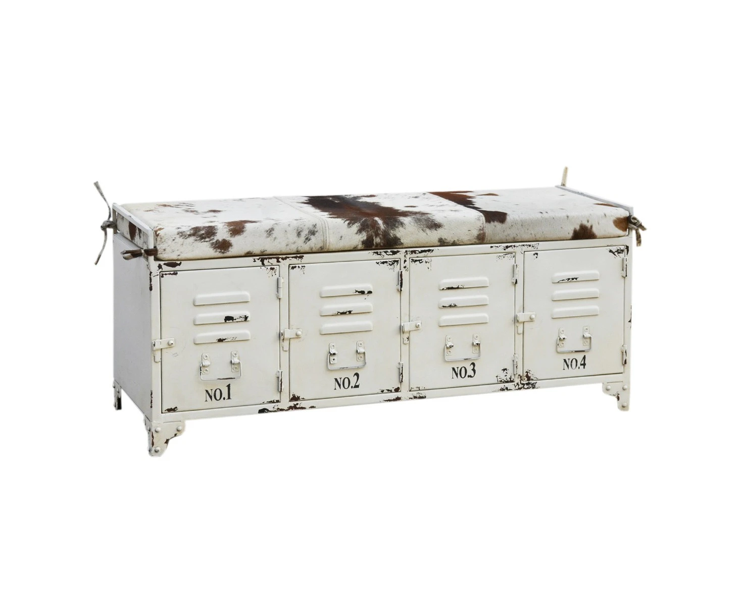 RANCHI COWHIDE IRON LOCKER BENCH WITH 4 DOORS