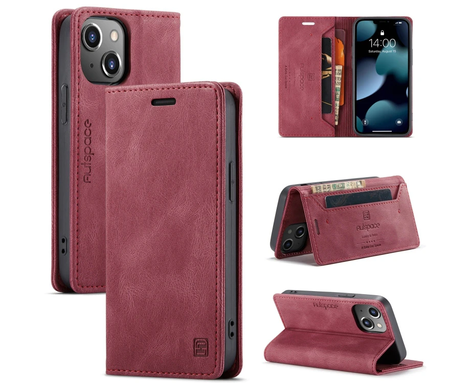 For Iphone 14 Autspace A01 Retro Skin-feel Crazy Horse Leather Phone Case (wine Red)