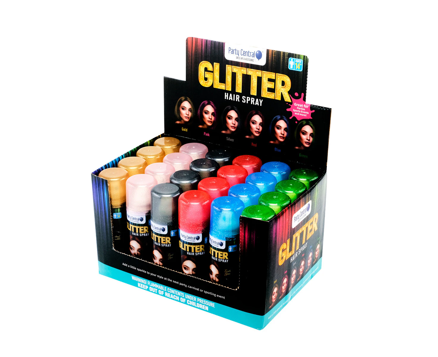 Party Central 24PCE Glitter Hair Spray Variety Pack Of Colours Non Sticky 80g