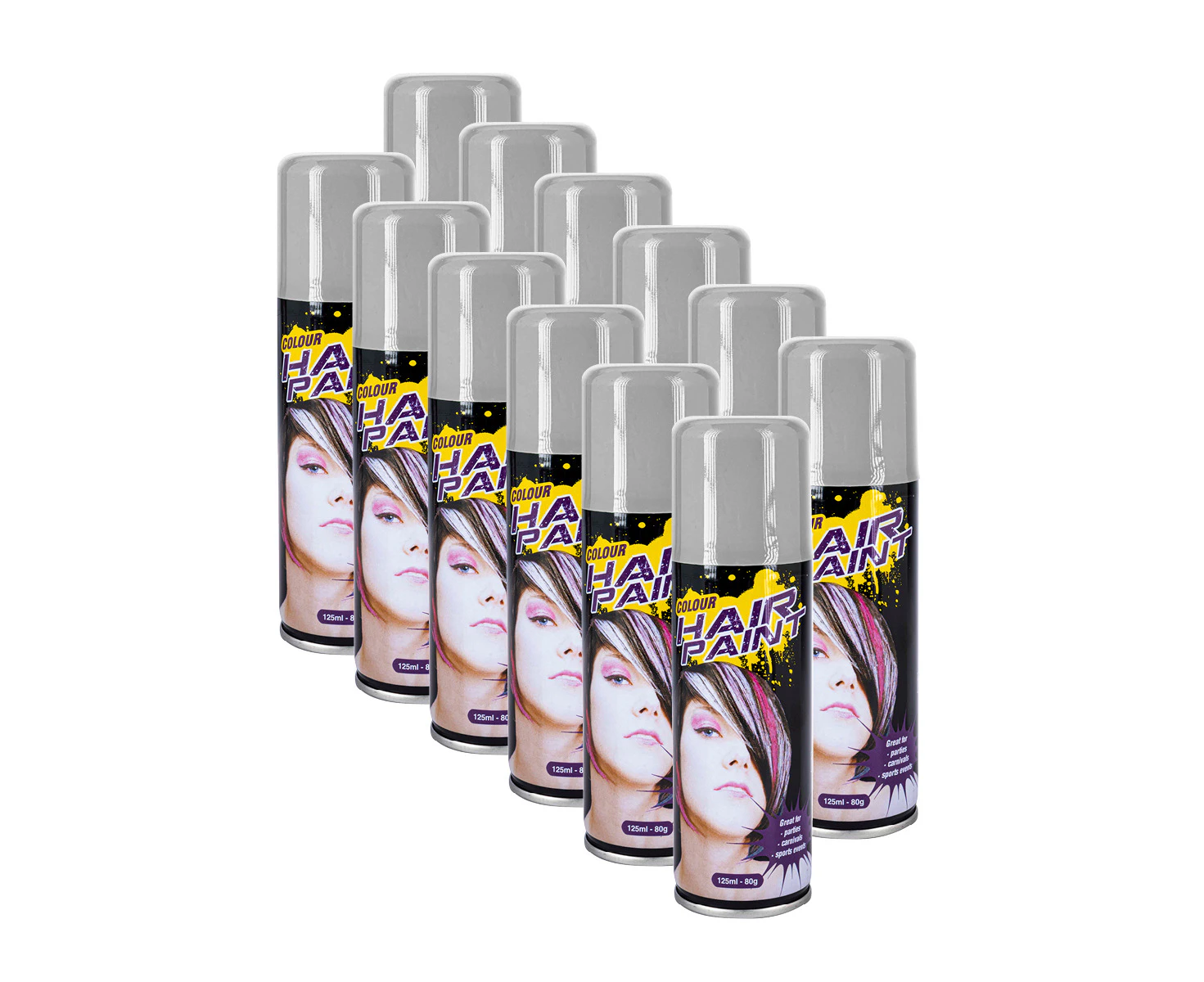 Party Central 12PCE Hair Spray Silver Long Lasting Non-Sticky 125ml